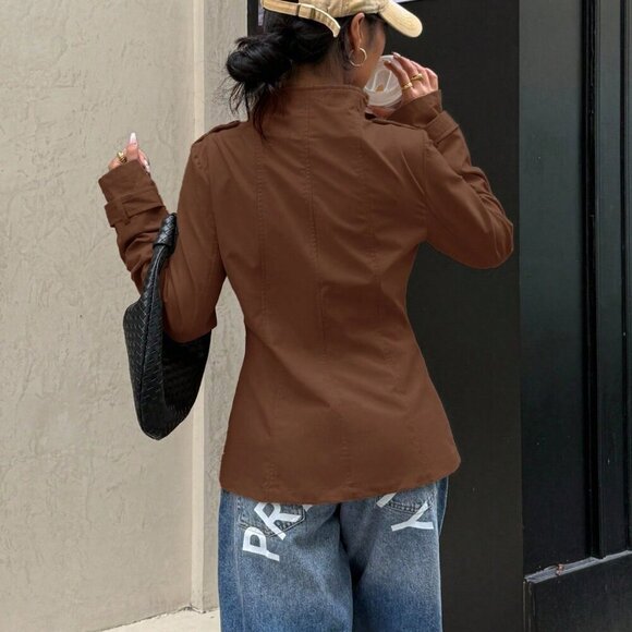 Brown Women's Double-Breasted mini Trench Coat jacket - Picture 2 of 5